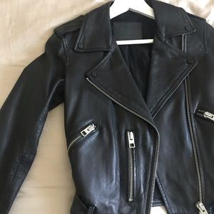 All Saints Black Motocycle Belted Biker Moto Leather Jacket 0 xs s